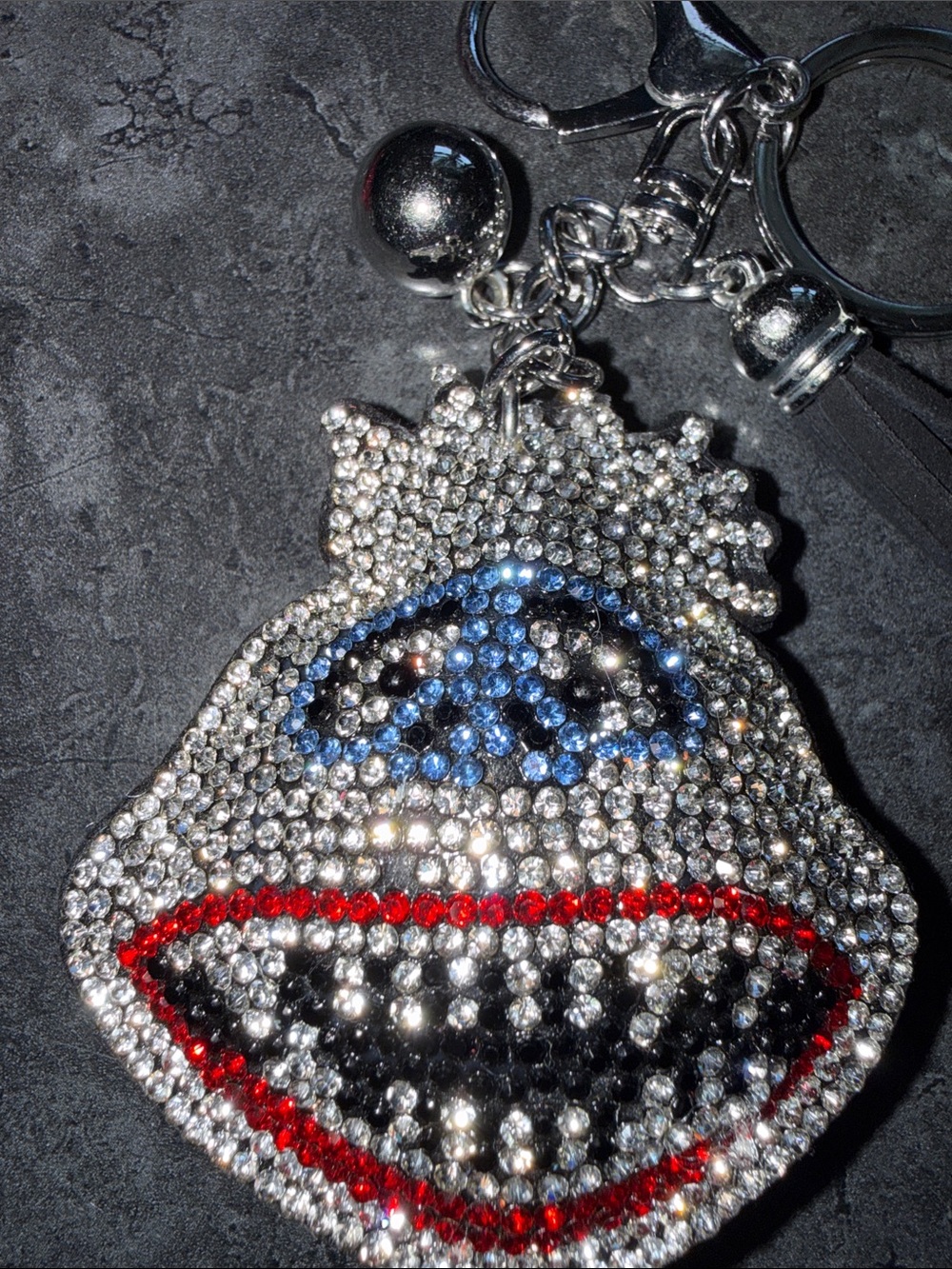 Crystal Smiley Face Keychain in Silver with Blue and Red Accents